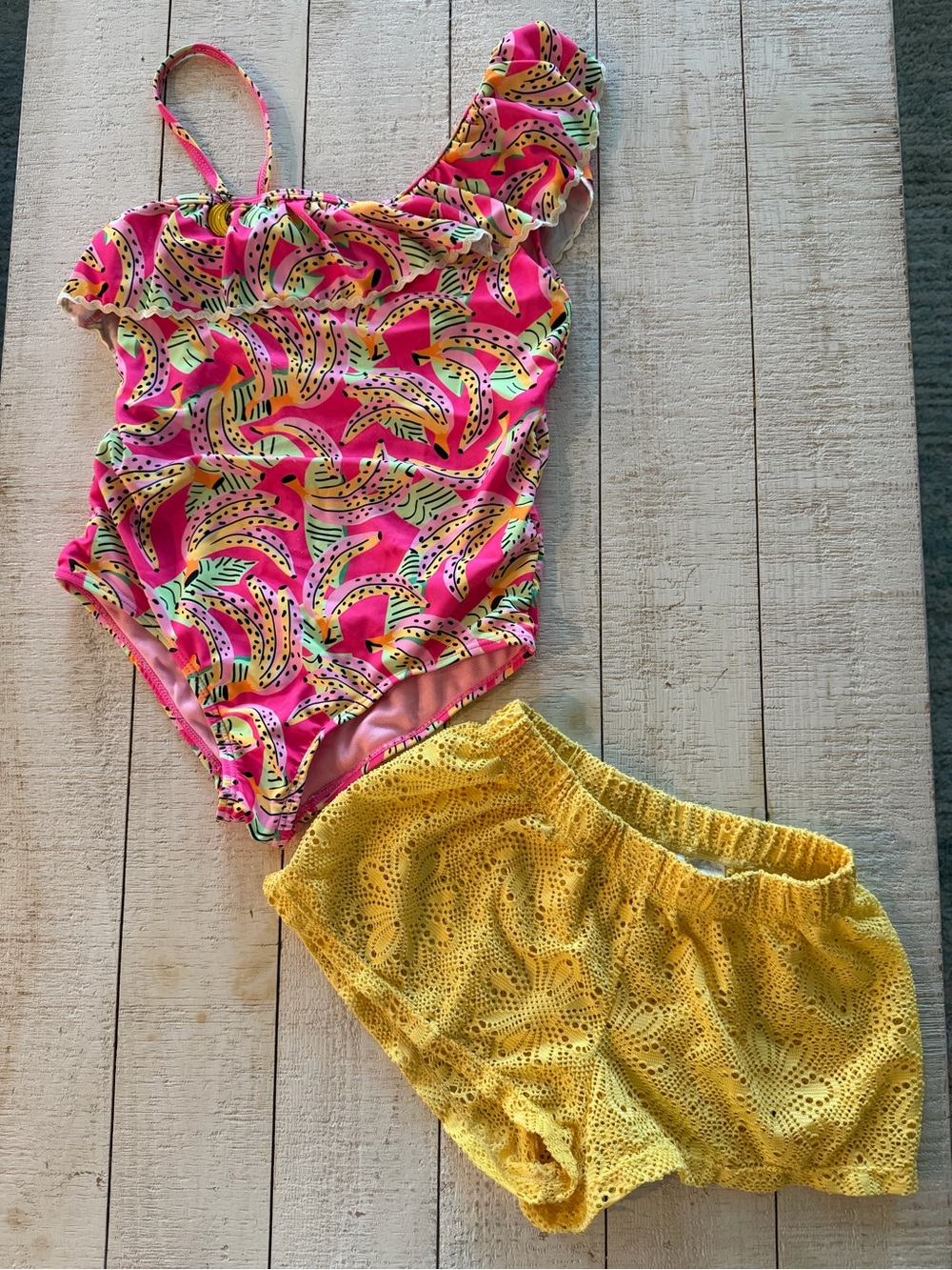 Bmagical by btween Girls 10 Pink Banana-Print Swimsuit with Yellow Shorts